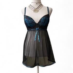 black lace lingerie mesh slip dress with blue accents & bow